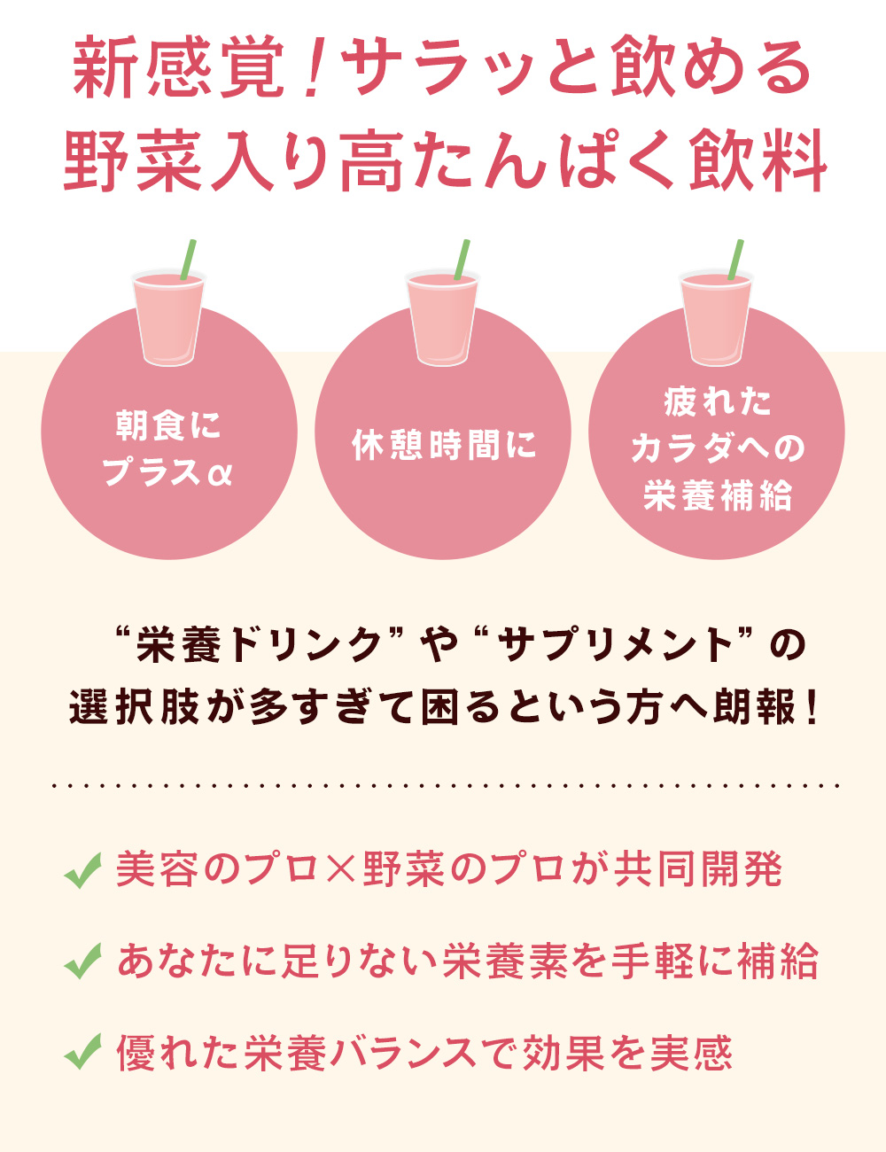 新感覚!サラッと飲める野菜入り高タンパク飲料